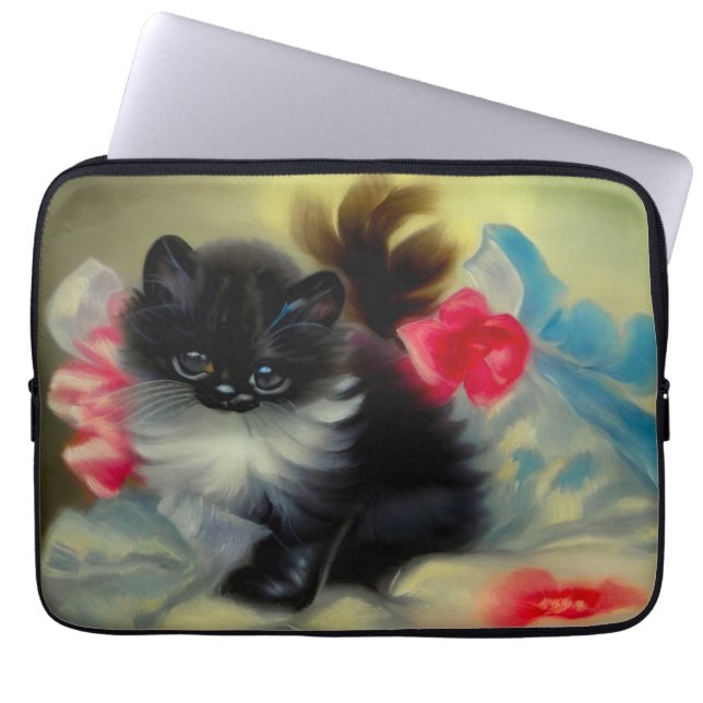 Vintage Schwarz-Weiß-Kittenmalerei Laptopschutzhülle (Vorderseite)