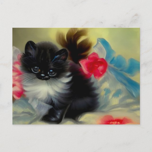 Vintage Schwarz-Weiß-Kittenmalerei Postkarte (Vorderseite)