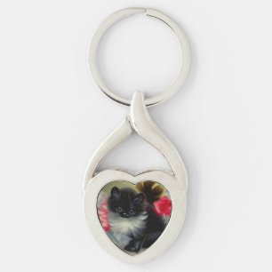 Vintage Schwarz-Weiß-Kittenmalerei Schlüsselanhänger
