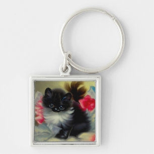 Vintage Schwarz-Weiß-Kittenmalerei Schlüsselanhänger