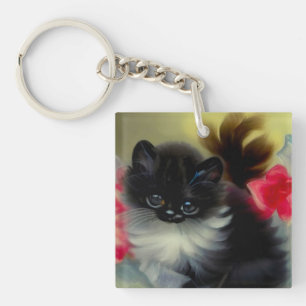 Vintage Schwarz-Weiß-Kittenmalerei Schlüsselanhänger