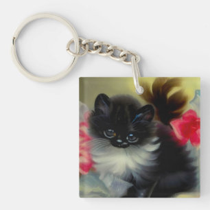 Vintage Schwarz-Weiß-Kittenmalerei Schlüsselanhänger