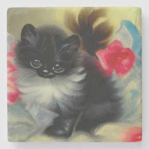 Vintage Schwarz-Weiß-Kittenmalerei Steinuntersetzer