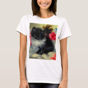 Vintage Schwarz-Weiß-Kittenmalerei T-Shirt
