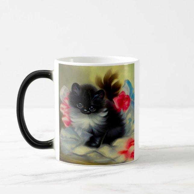 Vintage Schwarz-Weiß-Kittenmalerei Verwandlungstasse (Links)