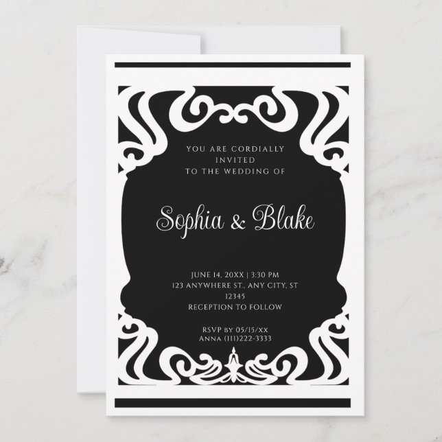 Vintage Schwarz-Weiß-Kunst-Déco-Hochzeit Einladung (Vorderseite)