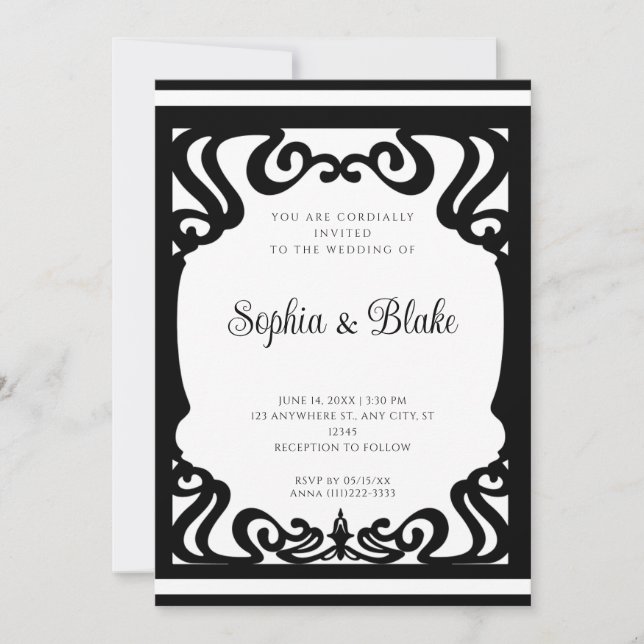 Vintage Schwarz-Weiß-Kunst-Déco-Hochzeit Einladung (Vorderseite)