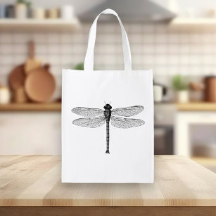 Vintage Schwarz-Weiß-Libelle-Illustration Wiederverwendbare Einkaufstasche
