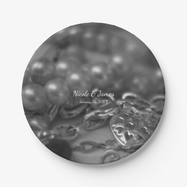 Vintage Schwarz-Weiß-Perlen Hochzeit Pappteller (Vorderseite)