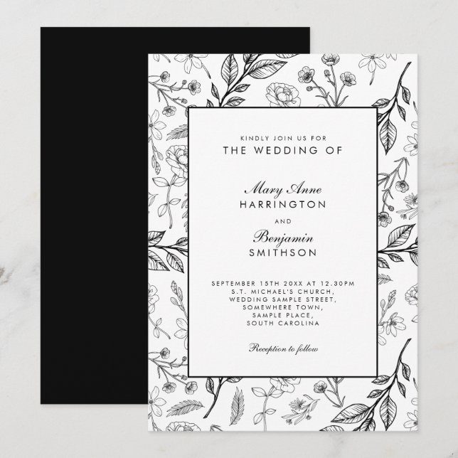 Vintage Schwarz-weiße Hochzeit mit Flora Einladung (Vorne/Hinten)