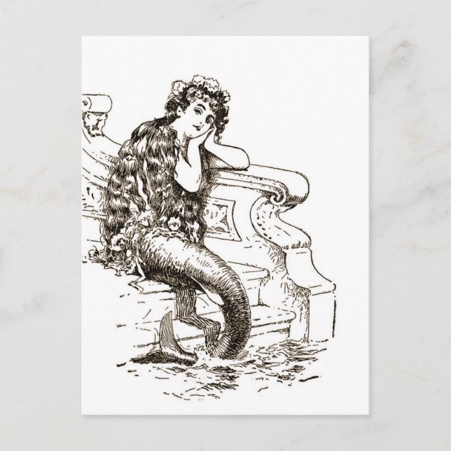 Vintage Schwarz-weiße Meerjungfrau Zeichnend Postkarte (Vorderseite)