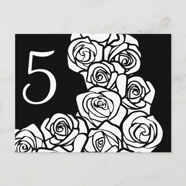 Vintage Schwarz-weiße Rose Tischnummer Postkarte (Vorderseite)