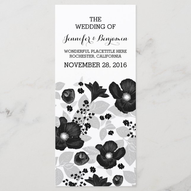 Vintage Schwarze Blume verrichten Hochzeitsprogram Programm (Vorderseite)