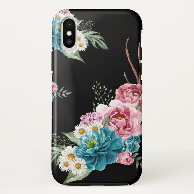Vintage schwarze Blumenfall-Blumen Case-Mate iPhone Hülle (Rückseite)