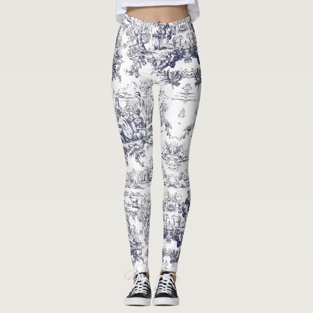 Vintage schwarze Blütentoile de jouy Leggings (Vorderseite)