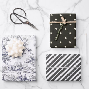 Vintage schwarze Blütentoile de jouy monogram Geschenkpapier Set