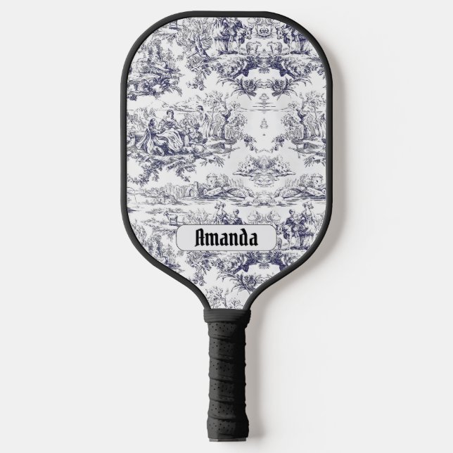 Vintage schwarze Blütentoile de jouy monogram Pickleball Schläger (Vorderseite)