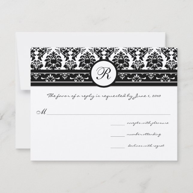 Vintage schwarze Damaskus-Grenzen RSVP Karte (Vorderseite)