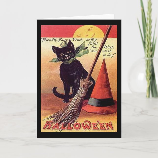 Vintage Schwarze Halloween-Katze Karte (Vorderseite)