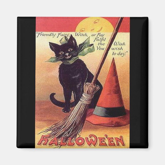 Vintage Schwarze Halloween-Katze Magnet (Vorne)
