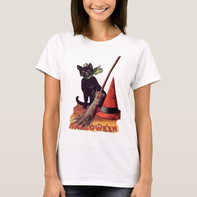 Vintage Schwarze Halloween-Katze T-Shirt (Vorderseite)