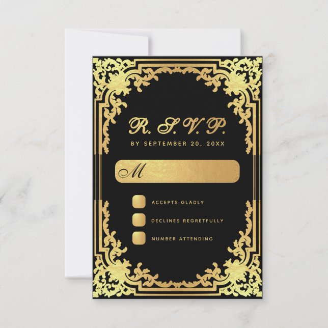 Vintage Schwarze Imitate Gold Script Hochzeit RSVP Karte (Vorderseite)