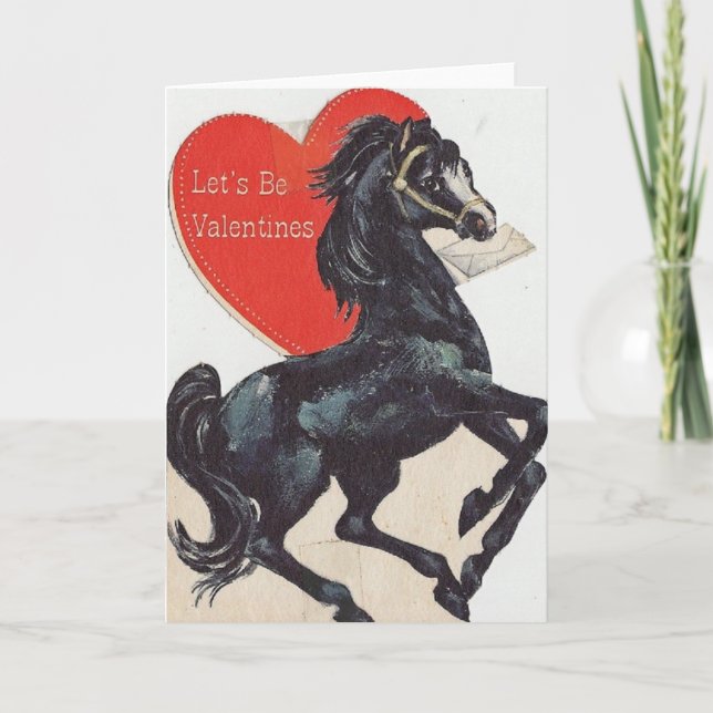 Vintage schwarze Karte des Pferdevalentines Tages (Vorderseite)