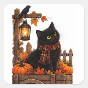 Vintage Schwarze Katze Herbsternte Quadratischer Aufkleber