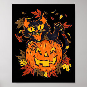 Vintage Schwarze Katze Kürbis Halloween Gruselig H Poster