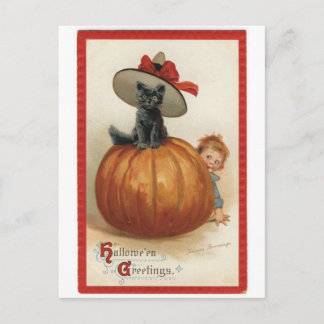 Vintage Schwarze Katze mit Hexenhut Postkarte