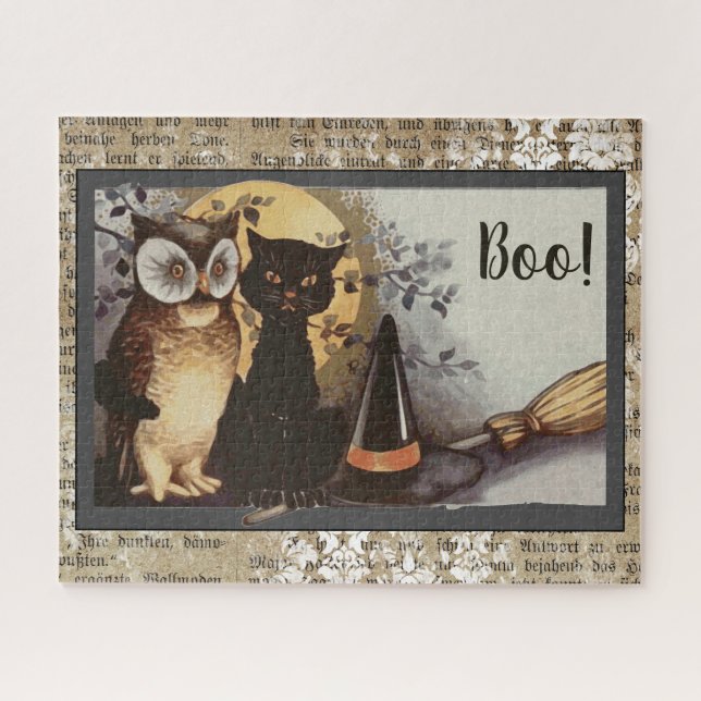 Vintage Schwarze Katze und Eule Halloween (Horizontal)