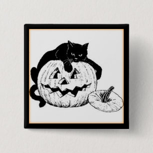 Vintage Schwarze Katze und Jack O' Lantern Hallowe Button
