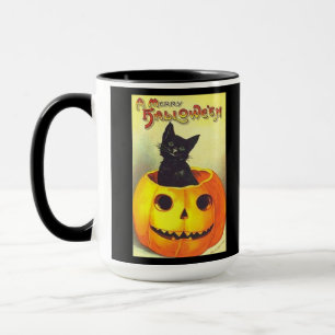 Vintage Schwarze Katze und Kürbis Tasse
