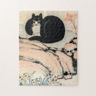 Vintage schwarze Katze und Narzisse von Zhu Ling
