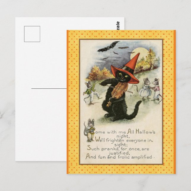 Vintage Schwarze Katze Violin Halloween Postkarte (Vorne/Hinten)