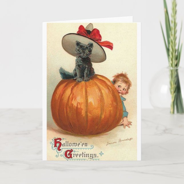 Vintage schwarze Katzen-Gruß-Karte Halloweens Karte (Vorderseite)