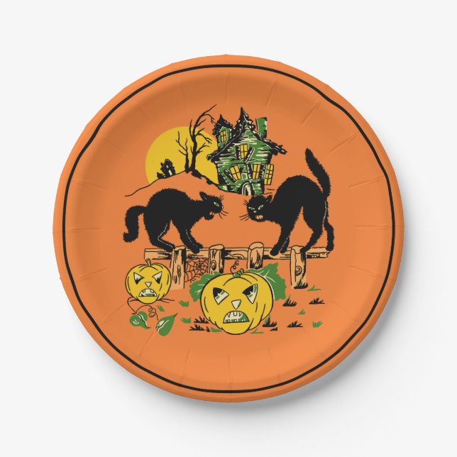 Vintage schwarze Katzen Halloweens u. Spuk Haus Pappteller (Vorderseite)