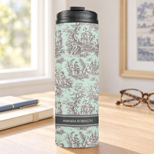 Vintage schwarze Minze Toile de Jouy gedruckt Thermosbecher