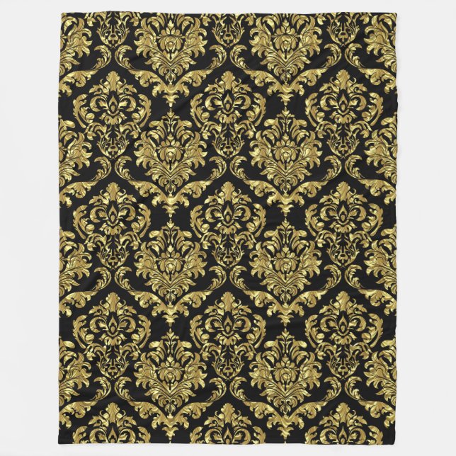 Vintage, schwarze und goldfarbene Damaskus Fleecedecke (Vorderseite)