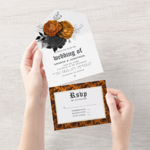 Vintage schwarze und orangefarbene florale gotisch all in one einladung
