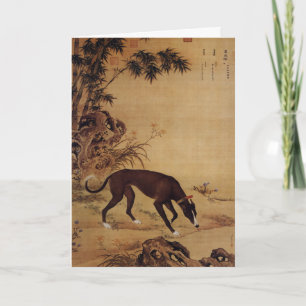 Vintage Schwarzer Greyhound & rosa Blüten Feiertagskarte
