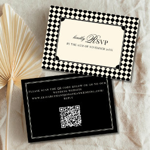 Vintage schwarzes kariertes Old Money QR-Code Hoch RSVP Karte