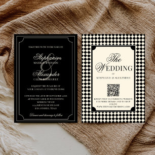 Vintage schwarzes Karo Old Money QR-Code Hochzeit Einladung
