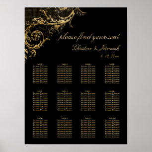 Vintage Schwarzgold-Damask-Hochzeitssitzplan Poster