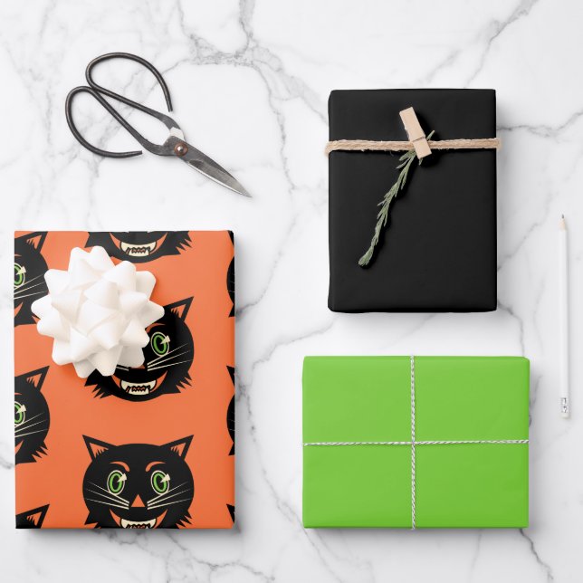 Vintage Schwarzkatze Geschenkpapier Set (Vorderseite)