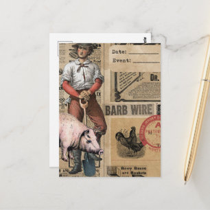 Vintage-Schwein-und-Bauer-Collage Postkarte