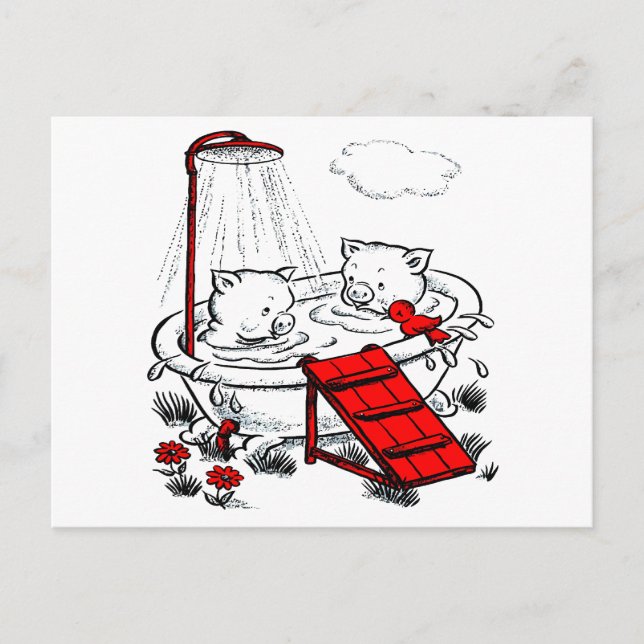 Vintage Schweine und Vögel im Bad Postkarte (Vorderseite)