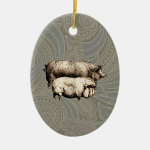 Vintage Schweine, zeichnend antike Schweine Keramik Ornament