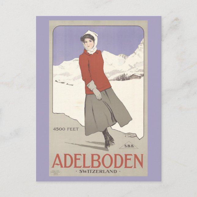Vintage Schweiz Winter Skaten Schweiz Schweiz Reis Postkarte (Vorderseite)