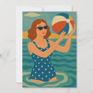 Vintage Schwimmer mit Strandball Einladung